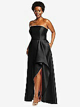 Side View Thumbnail - Black Strapless Satin Gown with Draped Front Slit and Pockets