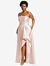 Side View Thumbnail - Blush Strapless Satin Gown with Draped Front Slit and Pockets