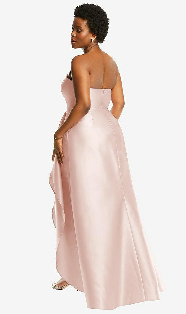 Back View - Blush Strapless Satin Gown with Draped Front Slit and Pockets