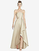 Alt View 1 Thumbnail - Champagne Strapless Satin Gown with Draped Front Slit and Pockets