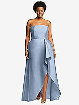 Front View Thumbnail - Cloudy Strapless Satin Gown with Draped Front Slit and Pockets