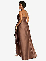 Rear View Thumbnail - Cognac Strapless Satin Gown with Draped Front Slit and Pockets