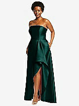 Side View Thumbnail - Evergreen Strapless Satin Gown with Draped Front Slit and Pockets