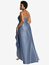 Rear View Thumbnail - Larkspur Blue Strapless Satin Gown with Draped Front Slit and Pockets