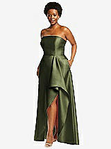 Side View Thumbnail - Olive Green Strapless Satin Gown with Draped Front Slit and Pockets