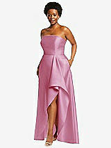 Side View Thumbnail - Powder Pink Strapless Satin Gown with Draped Front Slit and Pockets