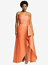 Front View Thumbnail - Portofino Orange Strapless Satin Gown with Draped Front Slit and Pockets