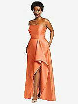 Side View Thumbnail - Portofino Orange Strapless Satin Gown with Draped Front Slit and Pockets