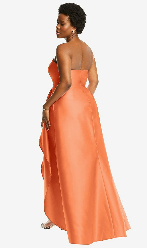 Back View - Portofino Orange Strapless Satin Gown with Draped Front Slit and Pockets