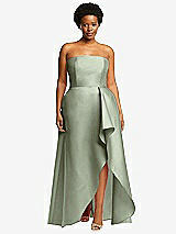 Front View Thumbnail - Sage Strapless Satin Gown with Draped Front Slit and Pockets