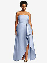 Front View Thumbnail - Sky Blue Strapless Satin Gown with Draped Front Slit and Pockets