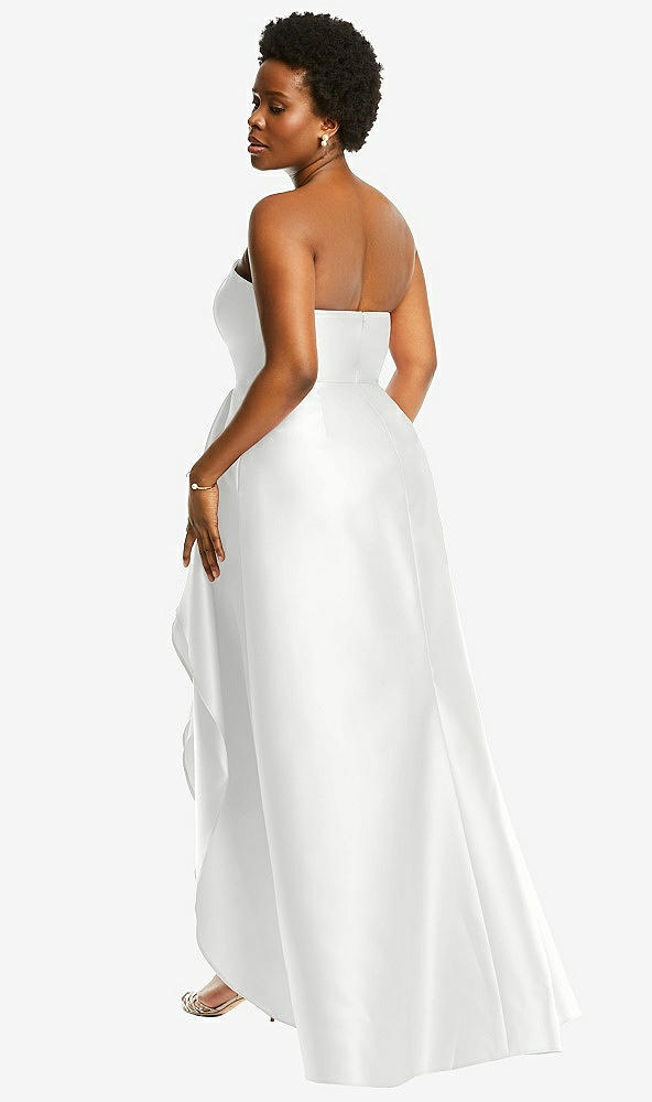 Back View - White Strapless Satin Gown with Draped Front Slit and Pockets