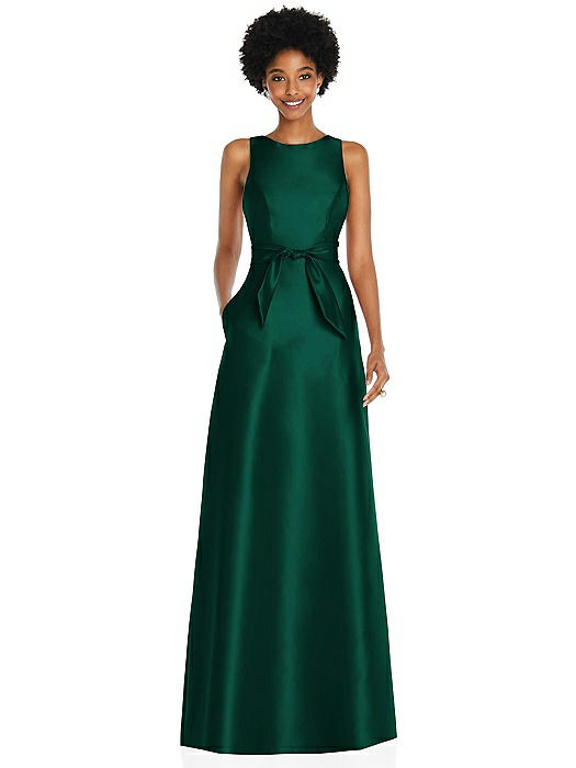 Jewel-Neck V-Back Maxi Dress with Mini Sash
