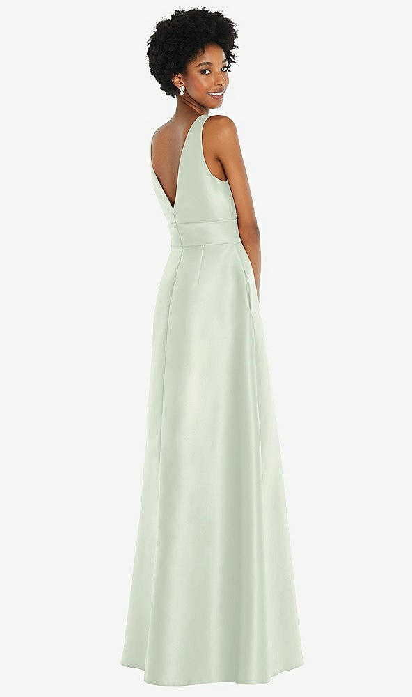 Back View - Mint Green Jewel-Neck V-Back Maxi Dress with Mini Sash