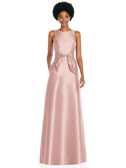 Jewel-Neck V-Back Maxi Dress with Mini Sash