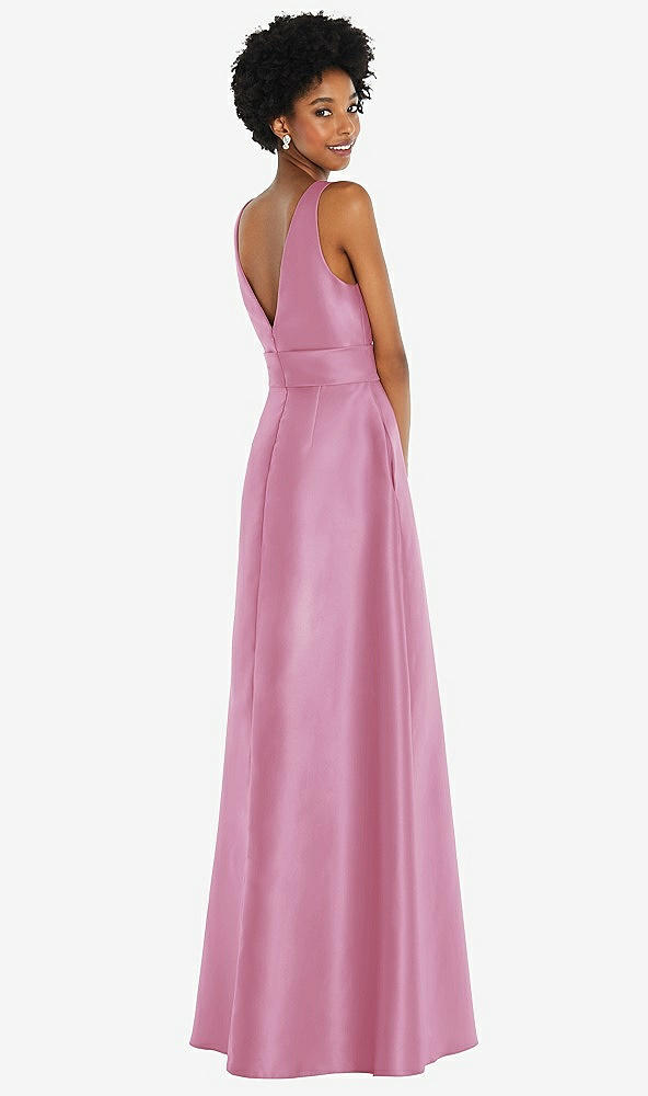 Back View - Powder Pink Jewel-Neck V-Back Maxi Dress with Mini Sash