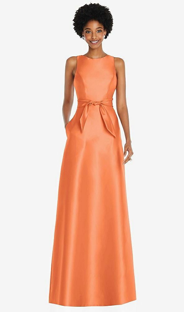 Front View - Portofino Orange Jewel-Neck V-Back Maxi Dress with Mini Sash