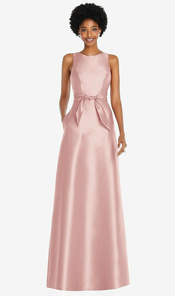 Front View - Rose Jewel-Neck V-Back Maxi Dress with Mini Sash