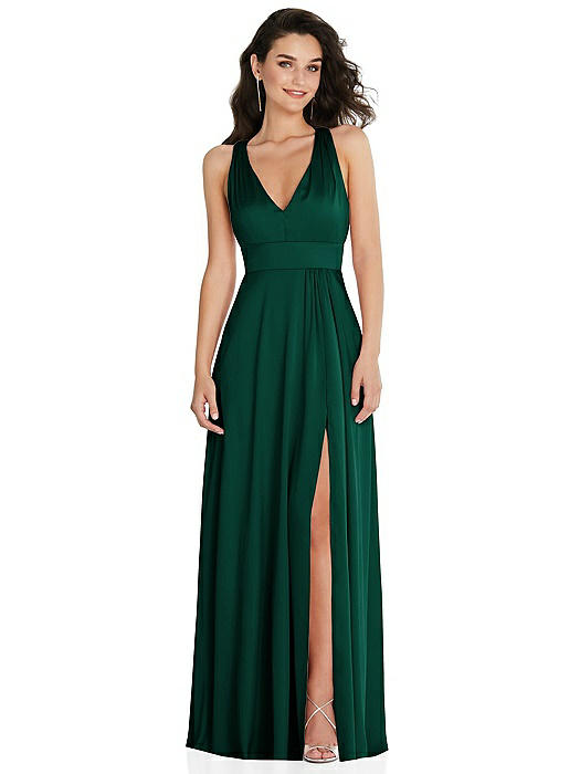 Shirred Shoulder Criss Cross Back Maxi Dress with Front Slit
