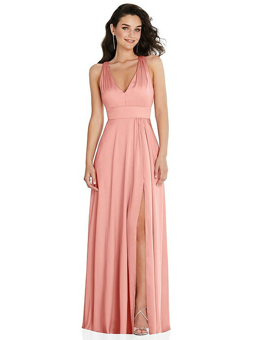 Shirred Shoulder Criss Cross Back Maxi Dress with Front Slit