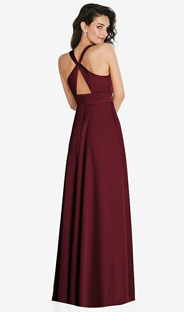 Back View - Cabernet Shirred Shoulder Criss Cross Back Maxi Dress with Front Slit
