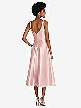 Rear View Thumbnail - Rose Square Neck Full Skirt Satin Midi Dress with Pockets