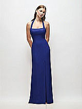 Front View Thumbnail - Cobalt Blue Tie Halter Open Back Trumpet Gown 
