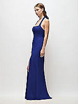 Side View Thumbnail - Cobalt Blue Tie Halter Open Back Trumpet Gown 
