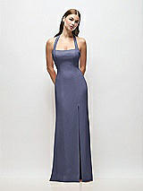 Front View Thumbnail - French Blue Tie Halter Open Back Trumpet Gown 