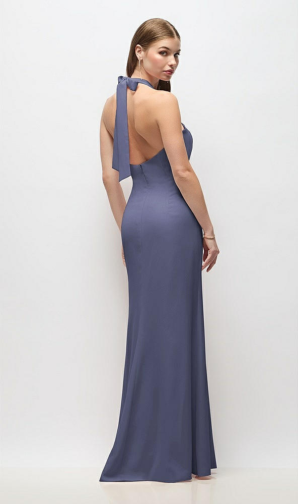 Back View - French Blue Tie Halter Open Back Trumpet Gown 