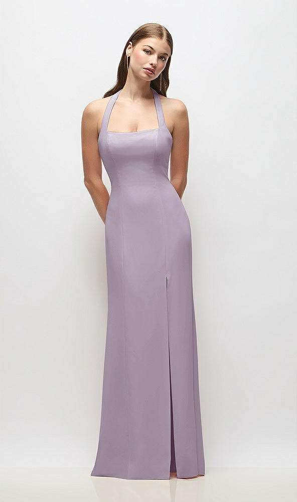 Front View - Lilac Haze Tie Halter Open Back Trumpet Gown