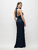 Rear View Thumbnail - Midnight Navy Tie Halter Open Back Trumpet Gown 