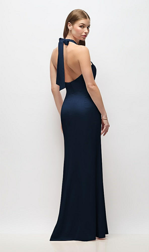Back View - Midnight Navy Tie Halter Open Back Trumpet Gown 