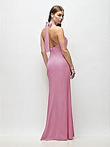 Rear View Thumbnail - Powder Pink Tie Halter Open Back Trumpet Gown 
