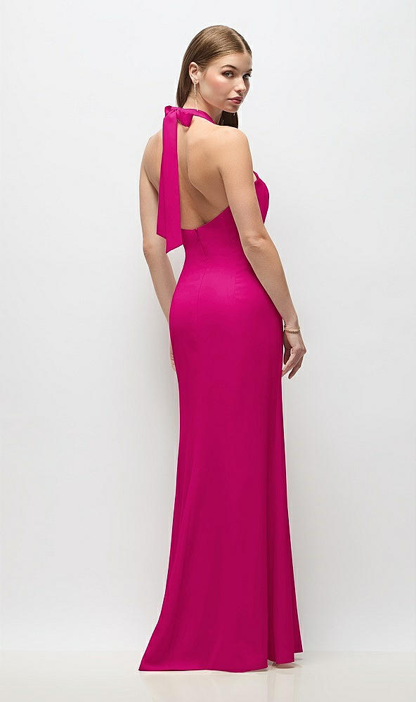 Back View - Think Pink Tie Halter Open Back Trumpet Gown 