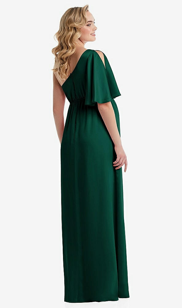 Back View - Hunter Green One-Shoulder Flutter Sleeve Maternity Dress