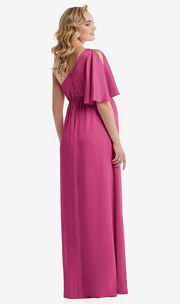 Back View - Tea Rose One-Shoulder Flutter Sleeve Maternity Dress