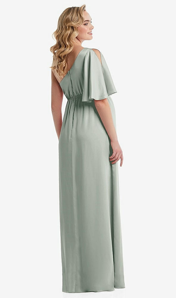 Back View - Willow Green One-Shoulder Flutter Sleeve Maternity Dress