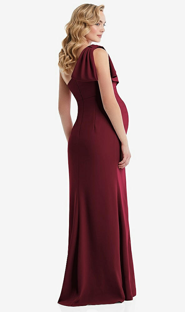 Back View - Cabernet One-Shoulder Ruffle Sleeve Maternity Trumpet Gown
