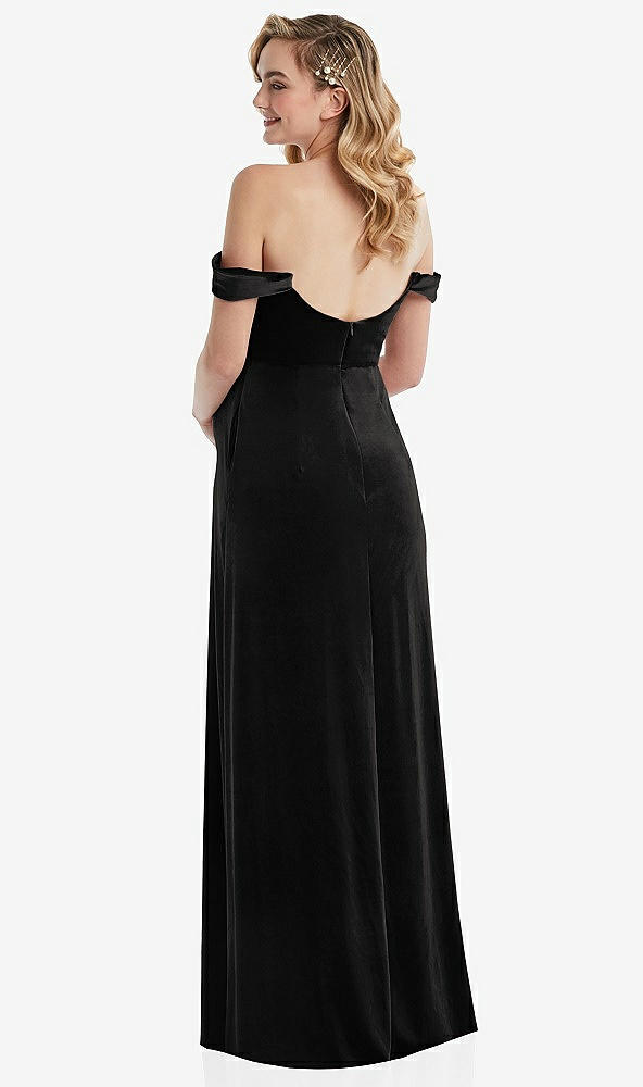 Back View - Black Off-the-Shoulder Flounce Sleeve Velvet Maternity Dress