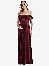 Front View Thumbnail - Cabernet Off-the-Shoulder Flounce Sleeve Velvet Maternity Dress