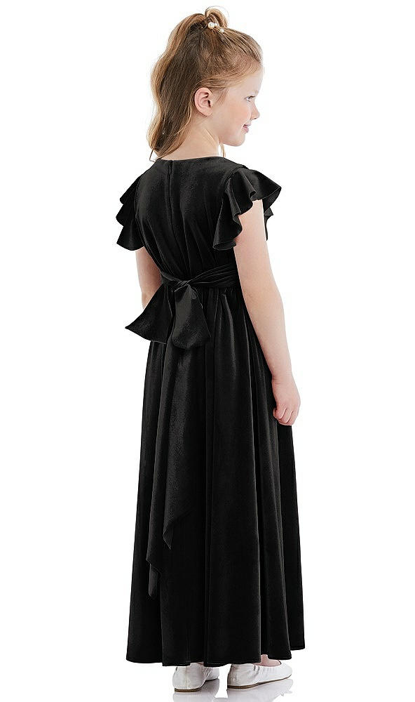 Back View - Black Ruched Flutter Sleeve Velvet Flower Girl Dress with Sash