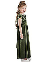 Side View Thumbnail - Olive Green Ruched Flutter Sleeve Velvet Flower Girl Dress with Sash