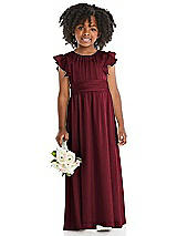 Front View Thumbnail - Cabernet Ruffle Flutter Sleeve Whisper Satin Flower Girl Dress