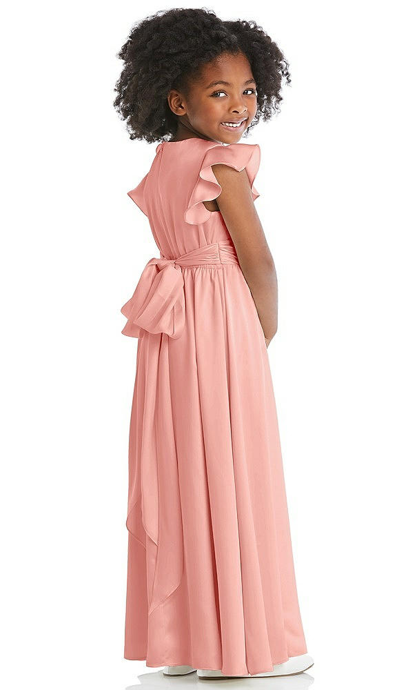 Back View - Rose Ruffle Flutter Sleeve Whisper Satin Flower Girl Dress