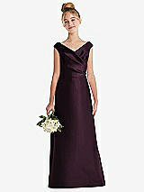 Front View Thumbnail - Deep Plum Off-the-Shoulder Draped Wrap Satin Junior Bridesmaid Dress