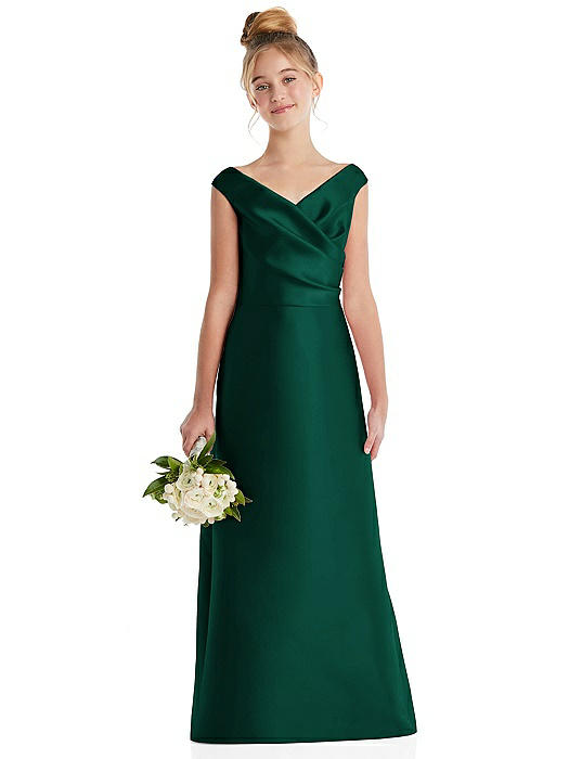 Off-the-Shoulder Draped Wrap Satin Junior Bridesmaid Dress