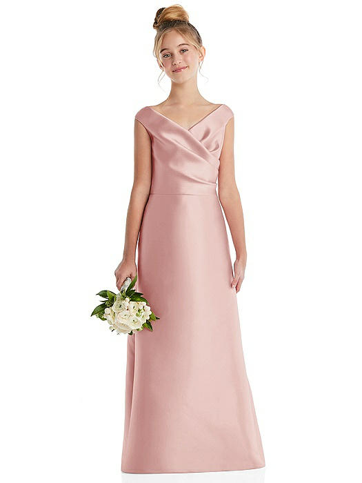Off-the-Shoulder Draped Wrap Satin Junior Bridesmaid Dress