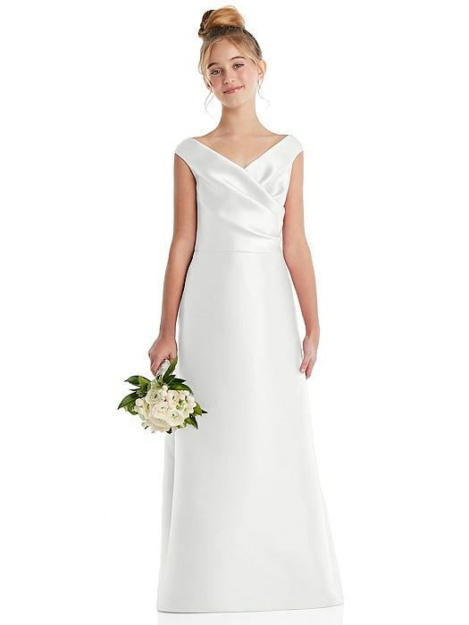 Off-the-Shoulder Draped Wrap Satin Junior Bridesmaid Dress