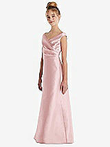 Side View Thumbnail - Ballet Pink Off-the-Shoulder Draped Wrap Satin Junior Bridesmaid Dress